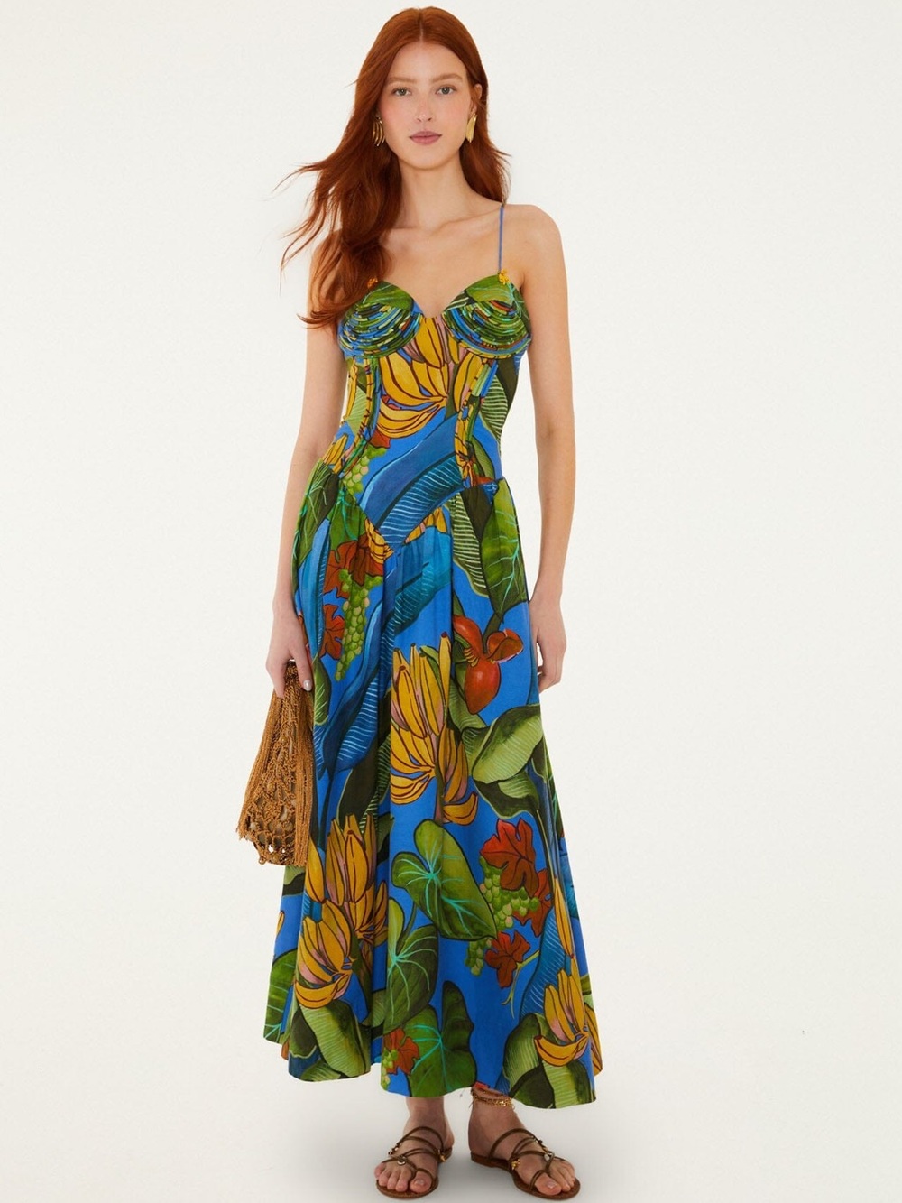 NWT Farm Rio Blue Banana Grapes 3d Bodice Sleeveless Maxi Dress Size L